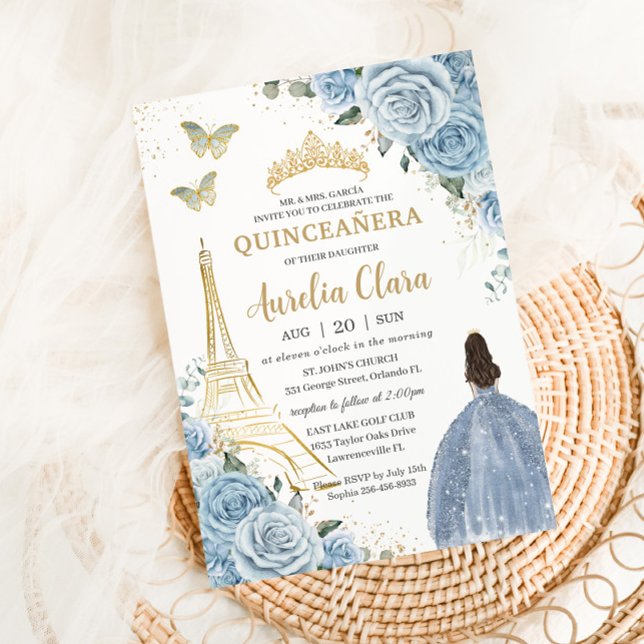 Invitación Quinceañera Baby Blue Floral Paris Eiffel Francia (Subido por el creador)