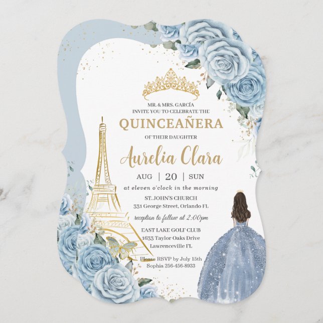 Invitación Quinceañera Baby Blue Floral Paris Gold Crown (Anverso / Reverso)