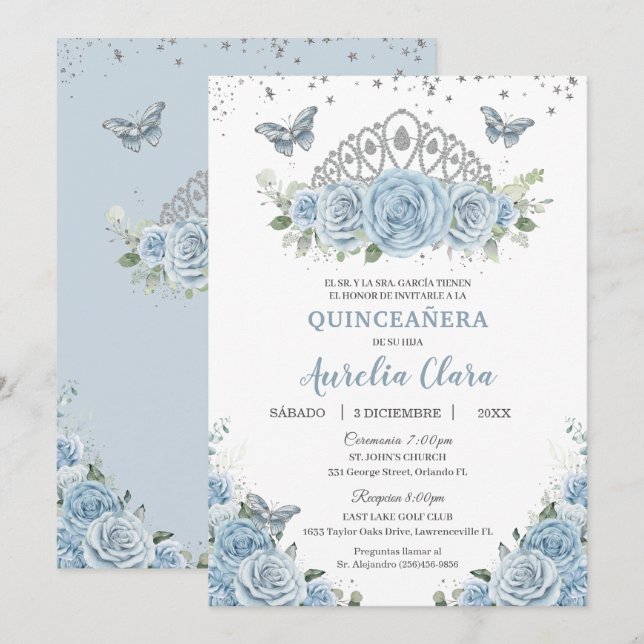 Invitación Quinceañera Baby Blue Floral Silver Crown Español (Anverso / Reverso)
