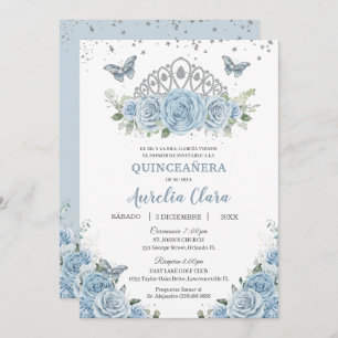 Invitación Quinceañera Baby Blue Floral Silver Crown Español