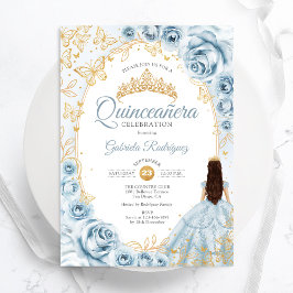 Invitación Quinceanera Baby Blue Gold Floral