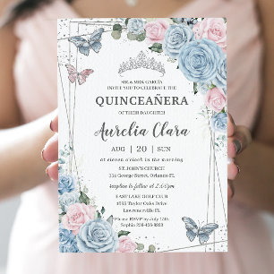 Invitación Quinceañera Baby Blue Pale Pink Floral