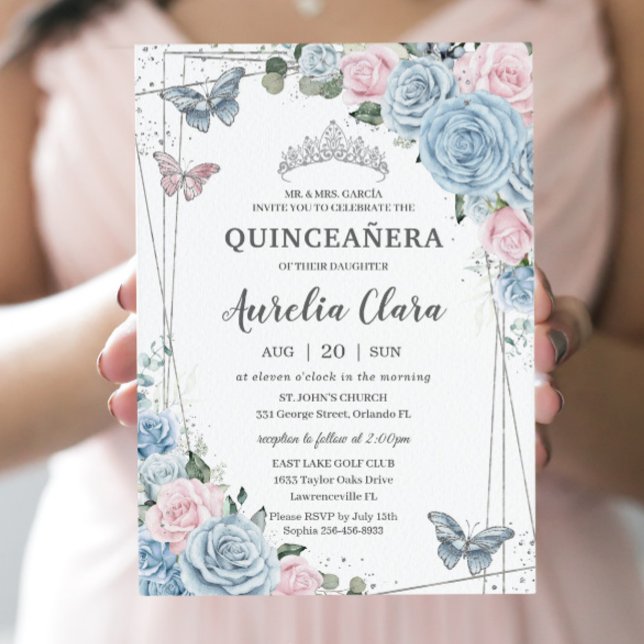 Invitación Quinceañera Baby Blue Pale Pink Floral (Subido por el creador)