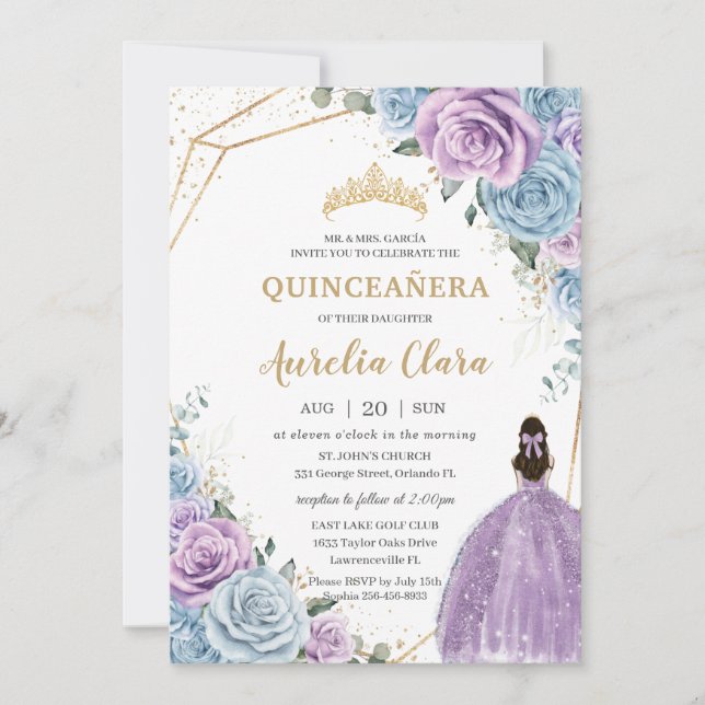 Invitación Quinceañera Baby Blue Purple Lilac Floral Gold (Anverso)