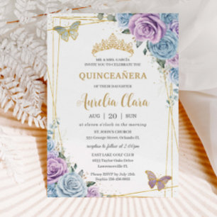 Invitación Quinceanera Baby Blue Purple Lilac Floral Gold