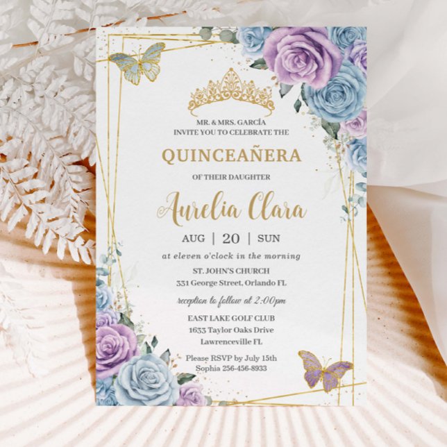 Invitación Quinceanera Baby Blue Purple Lilac Floral Gold (Subido por el creador)