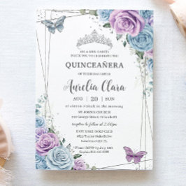 Invitación Quinceanera Baby Blue Purple Lilac Floral Silver