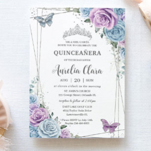 Invitación Quinceanera Baby Blue Purple Lilac Floral Silver