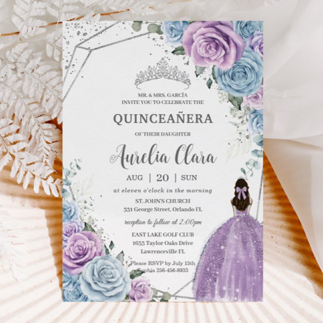 Invitación Quinceañera Baby Blue Purple Lilac Floral Silver (baby blue purple lilac roses floral silver geometric girl dress quinceanera sweet 16 invitation card)
