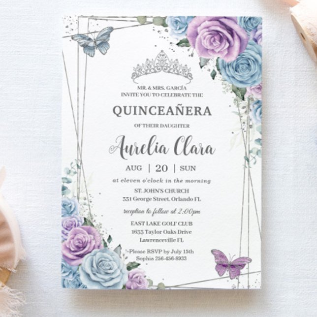 Invitación Quinceanera Baby Blue Purple Lilac Floral Silver (Subido por el creador)