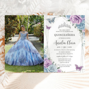 Invitación Quinceanera Baby Blue Purple Lilac Floral Silver
