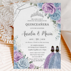 Invitación Quinceañera Baby Blue Purple Lilac Floral Twins