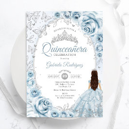 Invitación Quinceanera Baby Blue Silver Floral