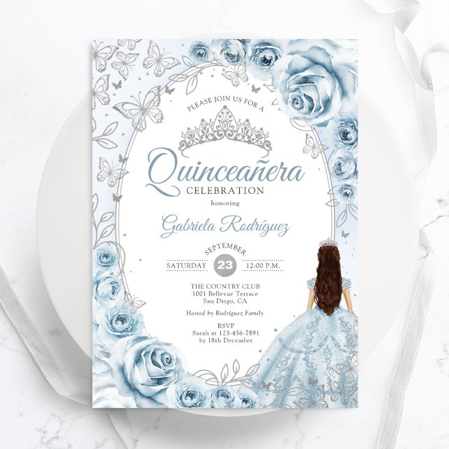 Invitación Quinceanera Baby Blue Silver Floral (Subido por el creador)