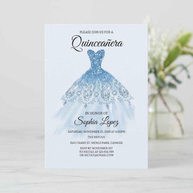 Invitación Quinceanera Baby Blue Theme, Mis Quince (Anverso de pie)