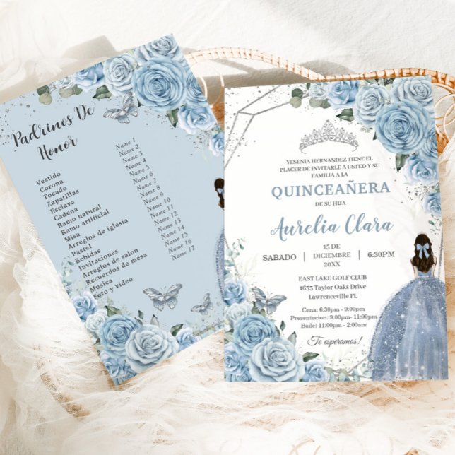 Invitación Quinceañera Baby Soft Blue Floral 15 Años Padrinos (baby blue roses floral silver Quinceañera Spanish xv 15 invitation card with Padrinos de Honor list )
