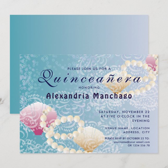 Invitación Quinceanera bajo el encaje marino, cáscaras rosas  (Anverso / Reverso)