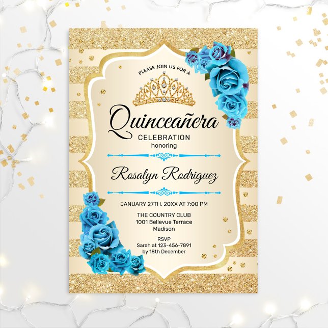 Invitación Quinceanera - Bandas de oro Azul (Subido por el creador)