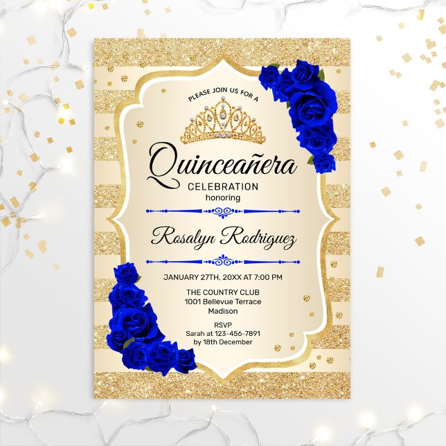 Invitación Quinceanera - Bandas de oro Azul Real (Subido por el creador)