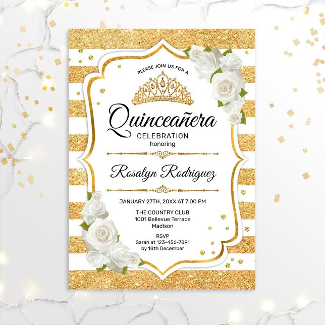 Invitación Quinceanera - Bandas de oro blancas (Subido por el creador)