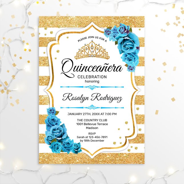 Invitación Quinceanera - Bandas de oro blancas azul (Subido por el creador)