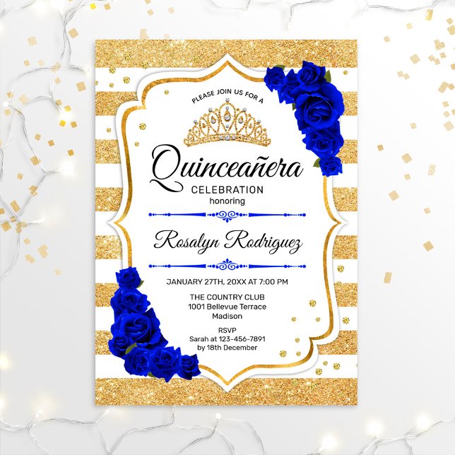 Invitación Quinceanera - Bandas de oro blancas azul real (Subido por el creador)