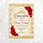 Invitación Quinceanera - Bandas de oro Rojo<br><div class="desc">Invitación a la celebración de Quinceanera de oro. Incluye rayas,  letra de guión,  rosas rojas,  tiara y confetti. Diseño elegante con oro falso purpurina. Perfecto para una elegante celebración de glam.</div>