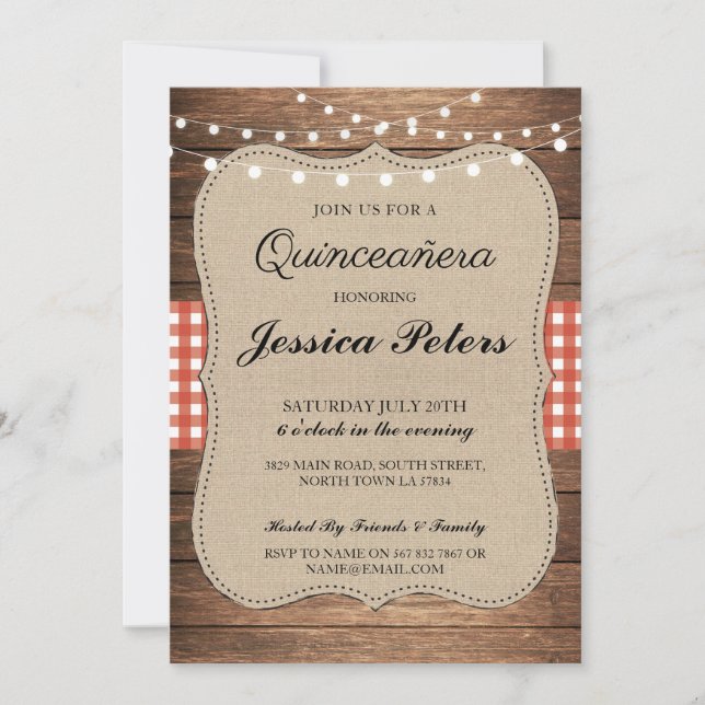 Invitación Quinceanera BBQ Fiesta Red Check Rustic Wood Invit (Anverso)