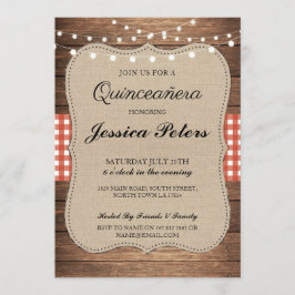 Invitación Quinceanera BBQ Fiesta Red Check Rustic Wood Invit