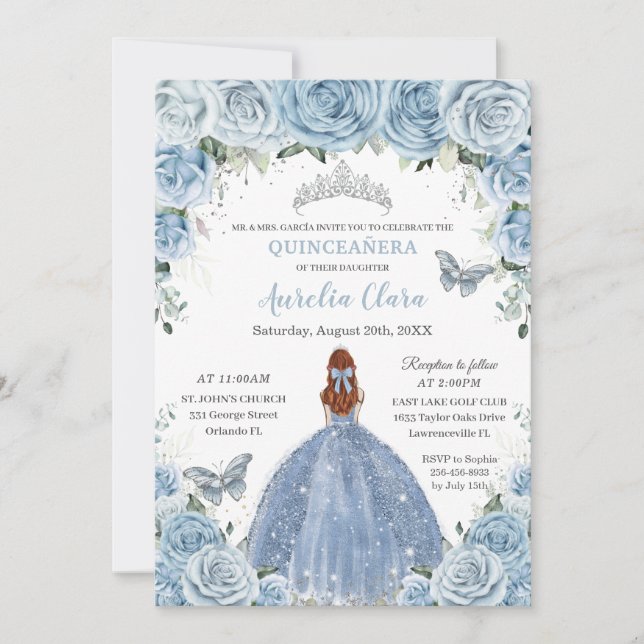 Invitación Quinceañera Bebé Azul Floral Pelo Rojo Plateado Mu (Anverso)