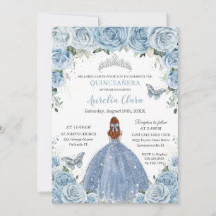 Invitación Quinceañera Bebé Azul Floral Pelo Rojo Plateado Mu