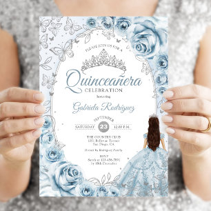 Invitación Quinceañera Bebé Azul Floral Plateado