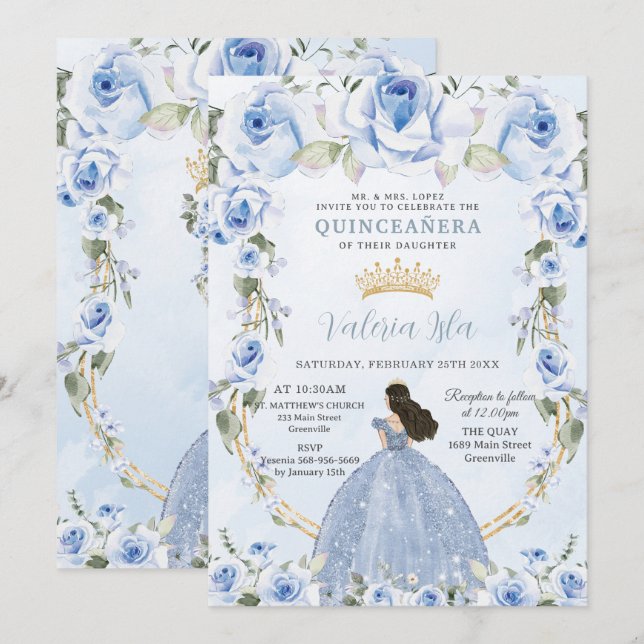 Invitación Quinceañera Bebé Azul Floral Princesa Vestido Oro (Anverso / Reverso)