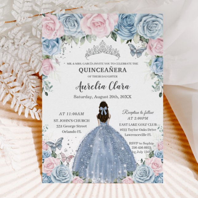 Invitación Quinceañera Bebé Azul Rosa Floral Princesa Vestido (Subido por el creador)