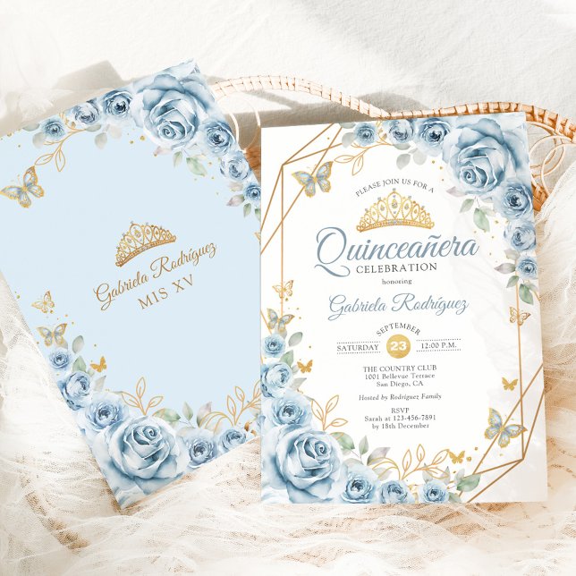 Invitación Quinceanera Bebé Floral Oro Azul (Subido por el creador)