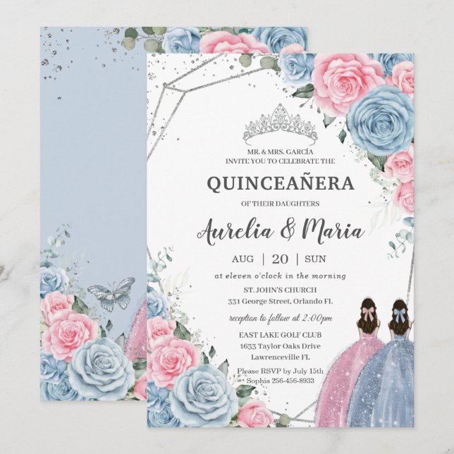 Invitación Quinceañera Bebé Gemelos Florales Azules Rosa Plat (Anverso / Reverso)