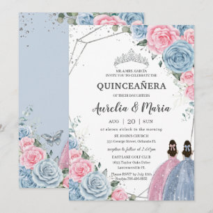 Invitación Quinceañera Bebé Gemelos Florales Azules Rosa Plat