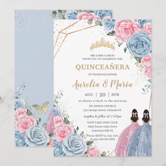 Invitación Quinceañera Bebé Rosas Florales Azules (Anverso / Reverso)