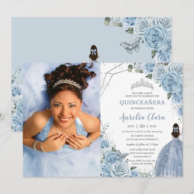 Invitación Quinceañera Bebé suave Princesa Floral Azul 15 Año (Anverso / Reverso)