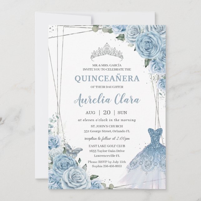 Invitación Quinceañera Bebé suave Rosas Florales Azules Vesti (Anverso)
