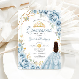 Invitación Quinceanera Bebé Vestido Azul Dorado Floral
