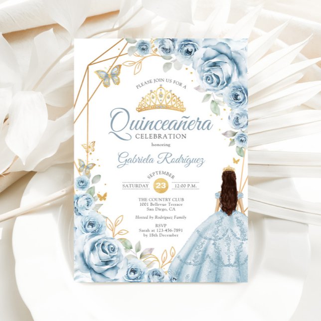 Invitación Quinceanera Bebé Vestido Azul Dorado Floral (Subido por el creador)