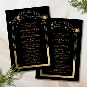 Invitación Quinceañera Bilingüe Celestial de Oro Negro