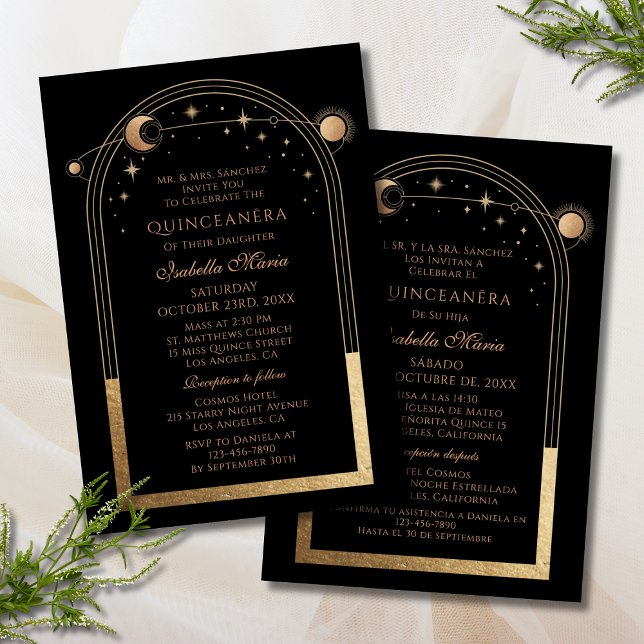 Invitación Quinceañera Bilingüe Celestial de Oro Negro (Subido por el creador)