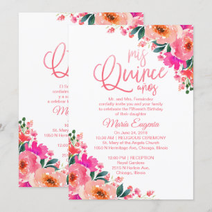 Invitación Quinceañera Bilingüe Floral Rosa Calien