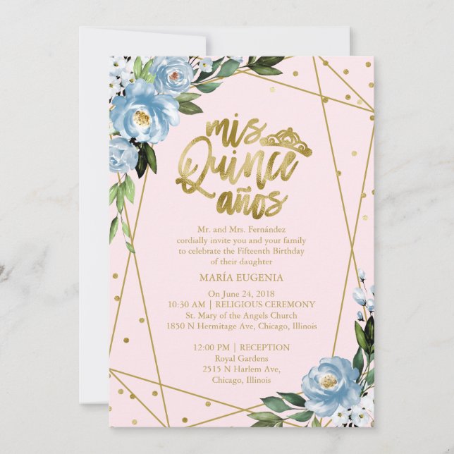Invitación Quinceañera Bilingüe Rosa Azul (Anverso)