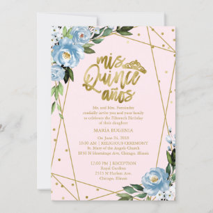 Invitación Quinceañera Bilingüe Rosa Azul