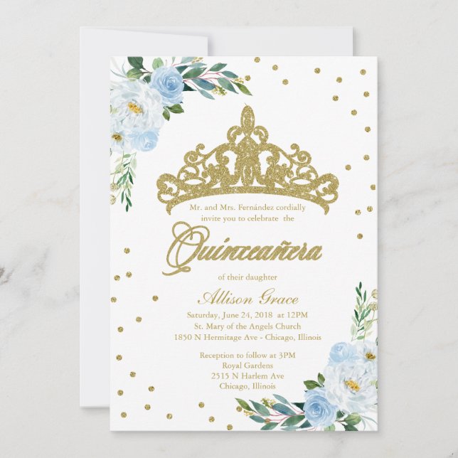 Invitación Quinceañera Bilingüe Tiara Azul Bebé  (Anverso)