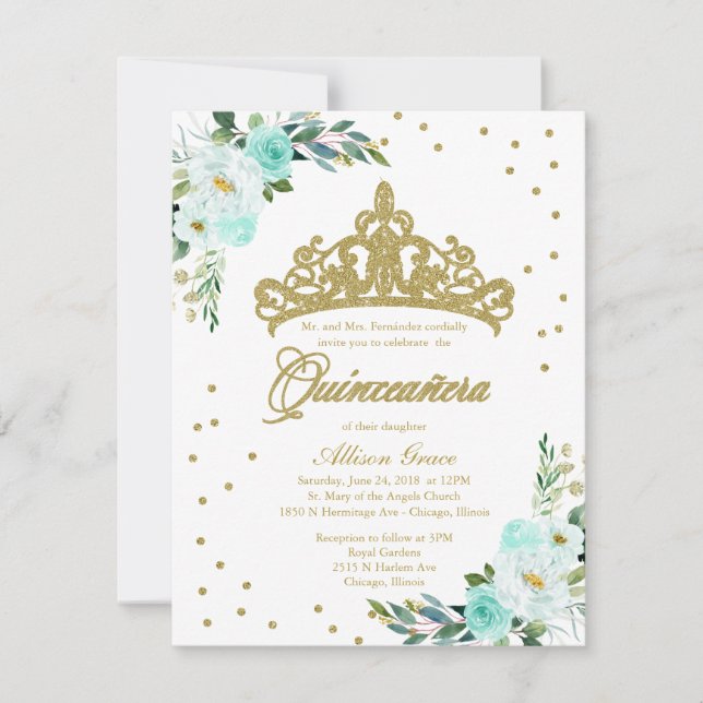 Invitación Quinceañera Bilingüe Tiara Azul Teal (Anverso)