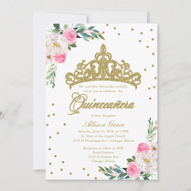 Invitación Quinceañera Bilingüe Tiara Rosa Fuerte (Anverso)
